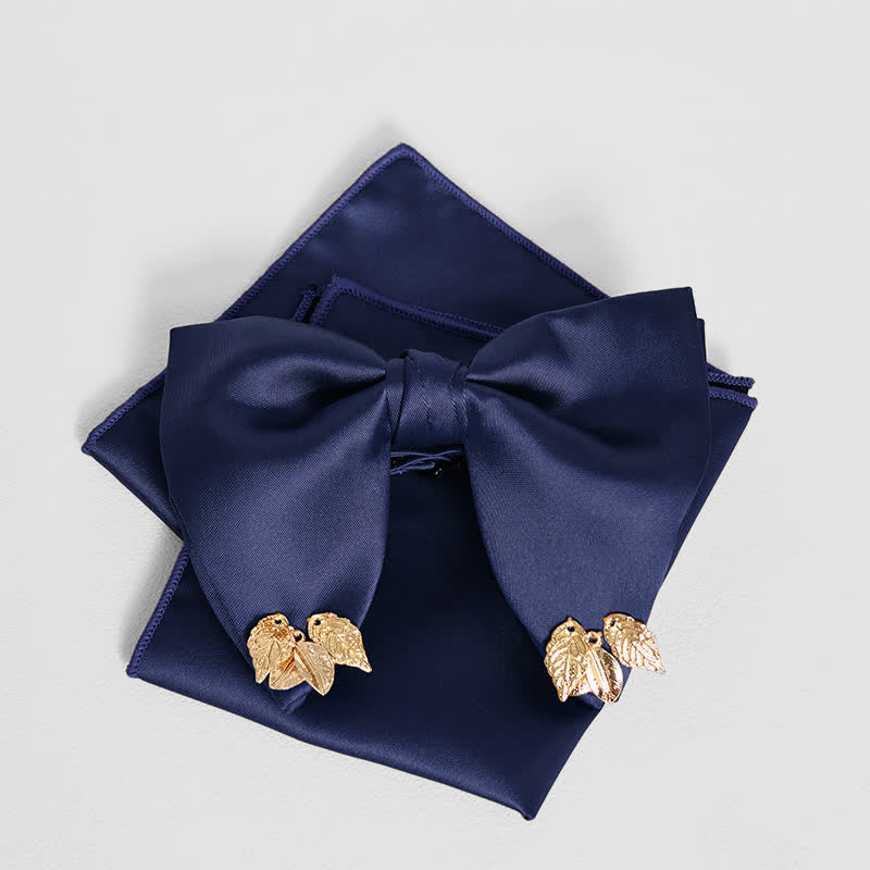 Men's Double-Layers Leaves Oversized Bow Tie Pocket Square - Image 9