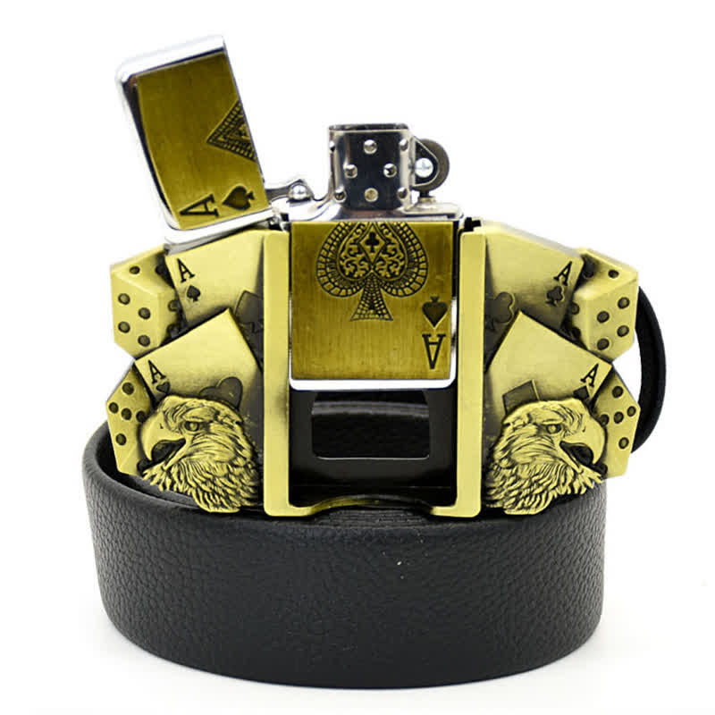 Men's Eagle Poker Ace Gold Leather Belt With Hidden Lighter - Image 2