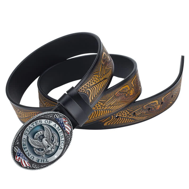Men's Eagle Spread Wings Patriotic Buckle Leather Belt - Image 2