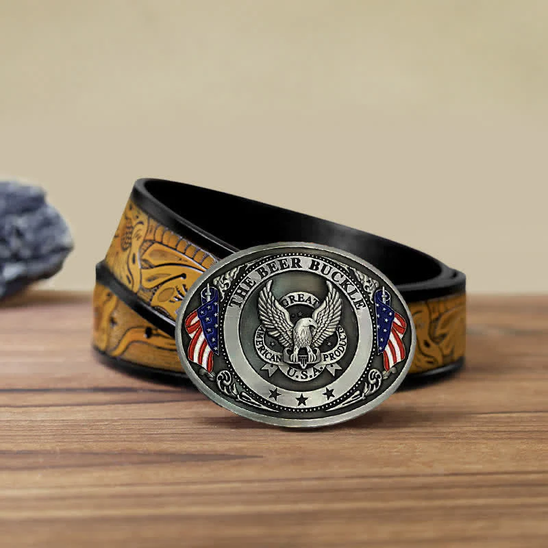 Men's DIY Eagle USA Flag Creative Beer Holder Buckle Leather Belt - Image 32
