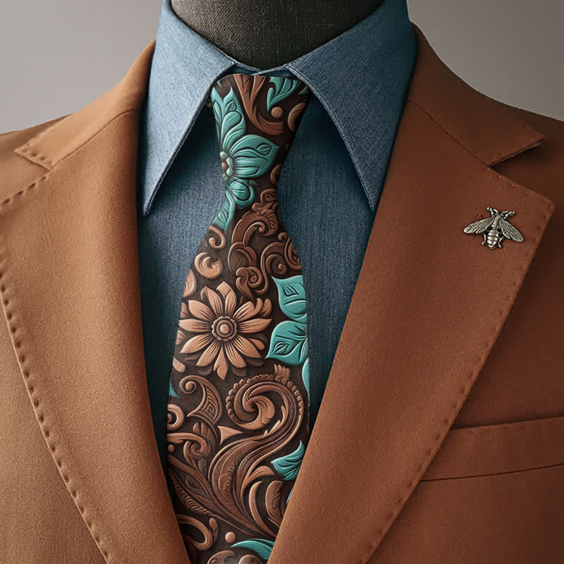 Men's Elegant Brown And Turquoise Floral Print Necktie