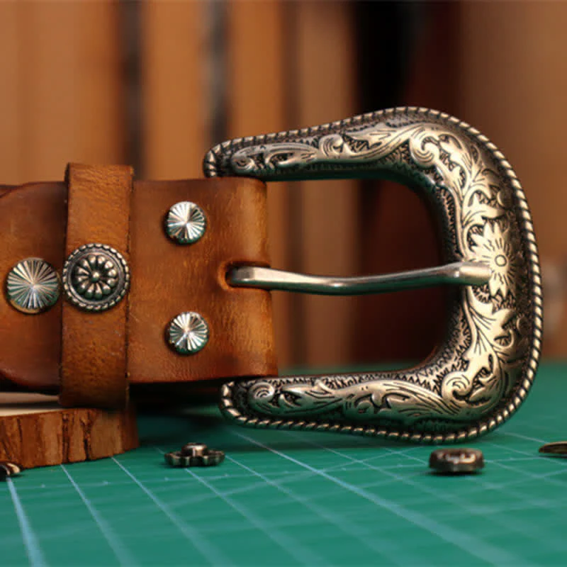 Men's Elegant Carved Flower Buckle Leather Belt - Image 3