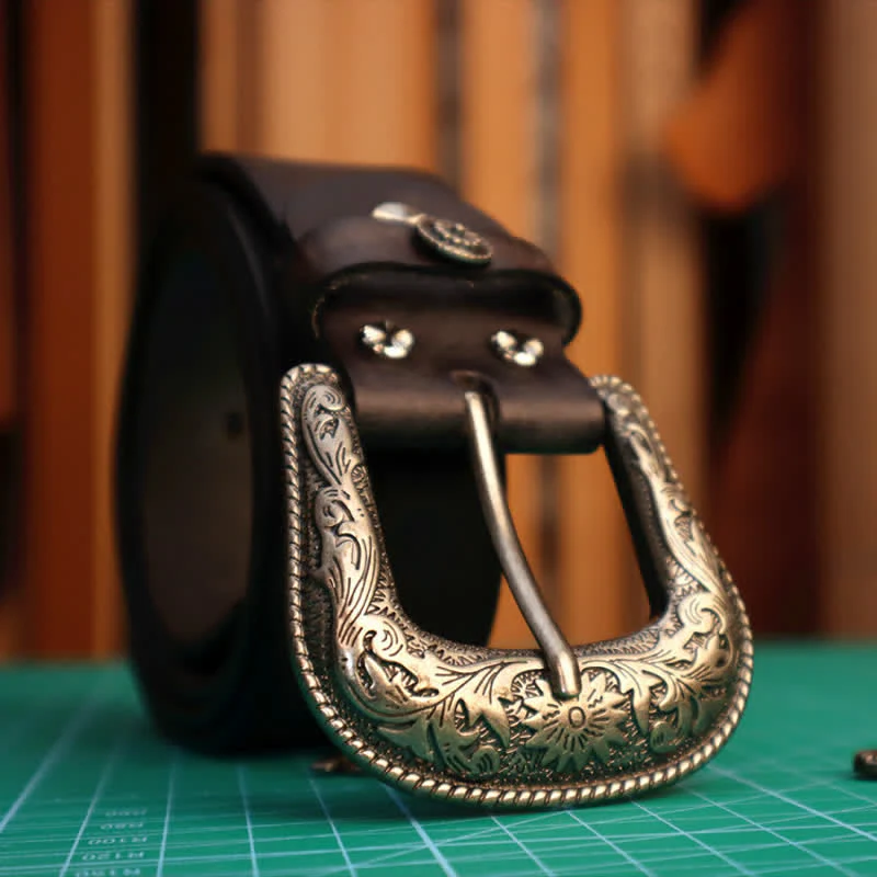 Men's Elegant Carved Flower Buckle Leather Belt - Image 4