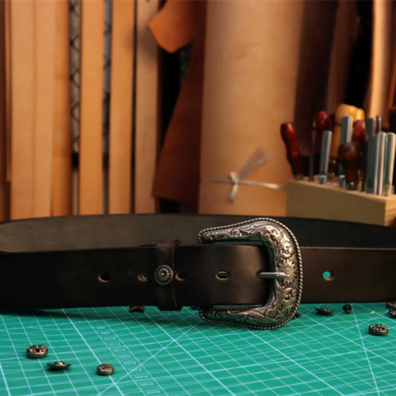 Men's Elegant Carved Flower Buckle Leather Belt - Image 5