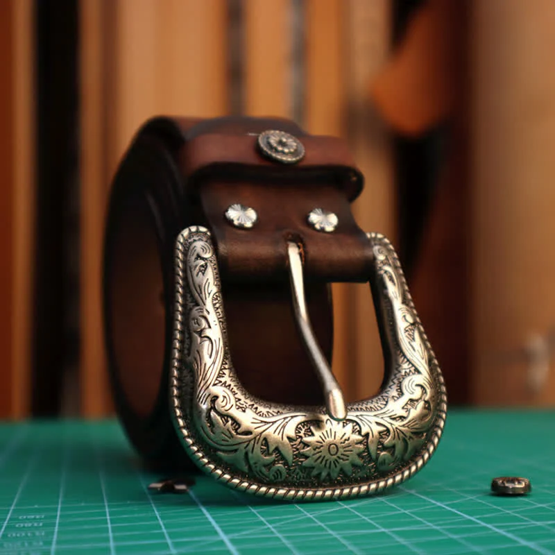 Men's Elegant Carved Flower Buckle Leather Belt - Image 8