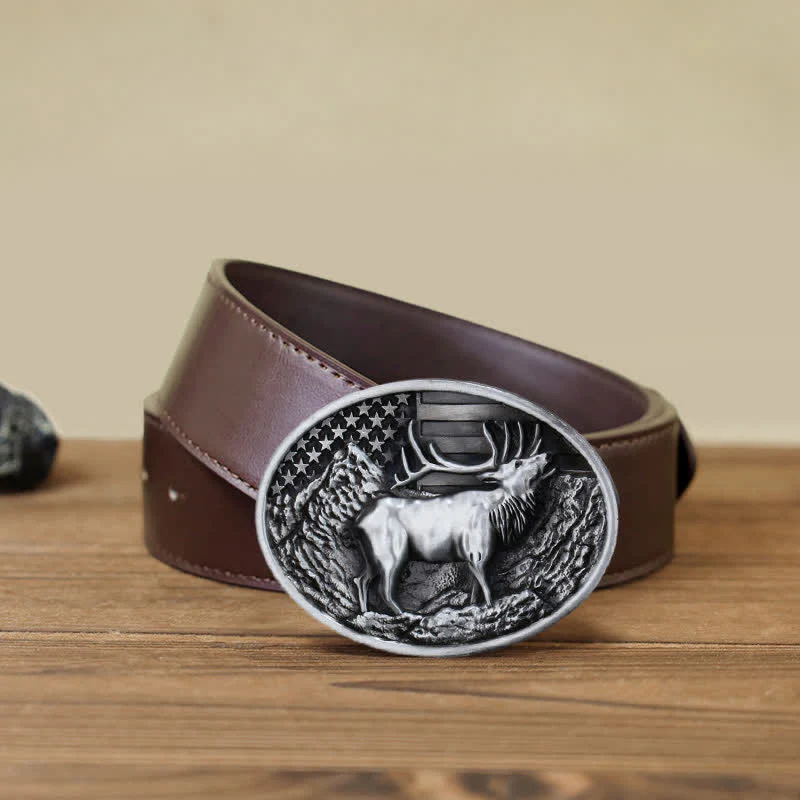 Men's DIY Elk Deer American Flag Buckle Leather Belt - Image 13