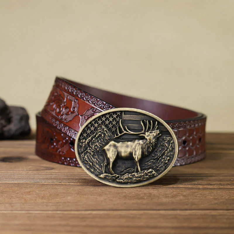 Men's DIY Elk Deer American Flag Buckle Leather Belt - Image 20