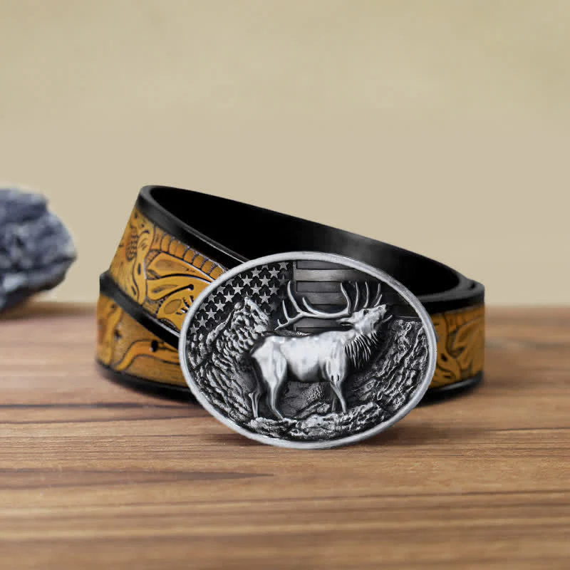 Men's DIY Elk Deer American Flag Buckle Leather Belt - Image 22