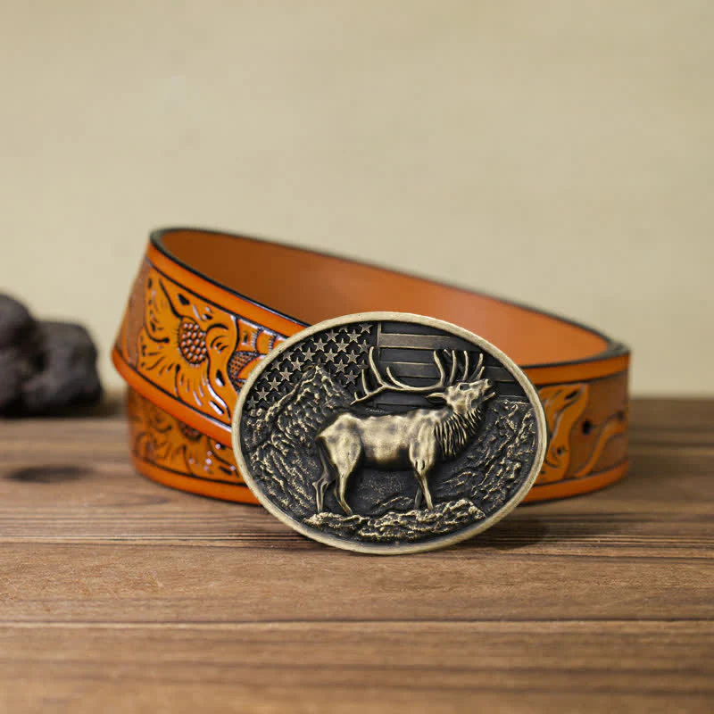 Men's DIY Elk Deer American Flag Buckle Leather Belt - Image 26