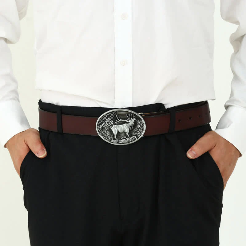 Men's DIY Elk Deer American Flag Buckle Leather Belt - Image 3