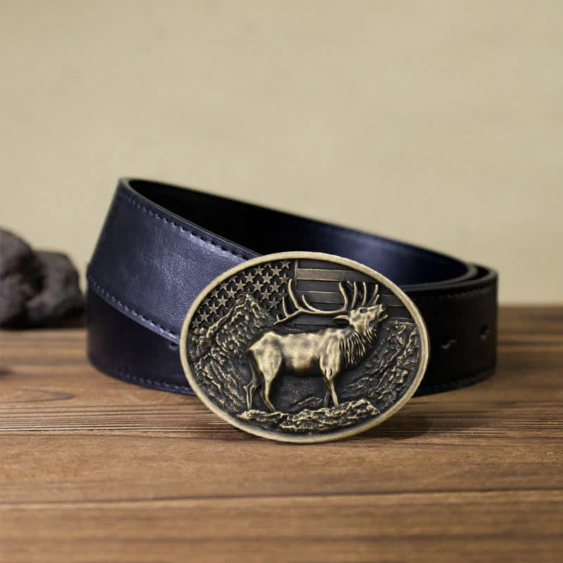 Men's DIY Elk Deer American Flag Buckle Leather Belt - Image 8