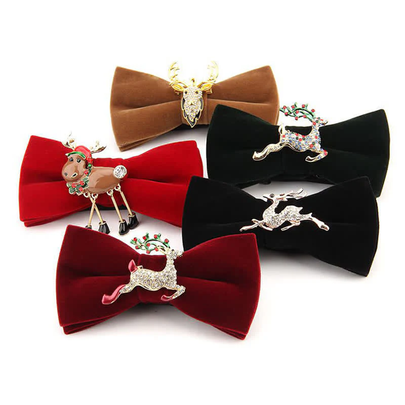 Men's Elk Head Rhinestone Christmas Velvet Bow Tie - Image 2