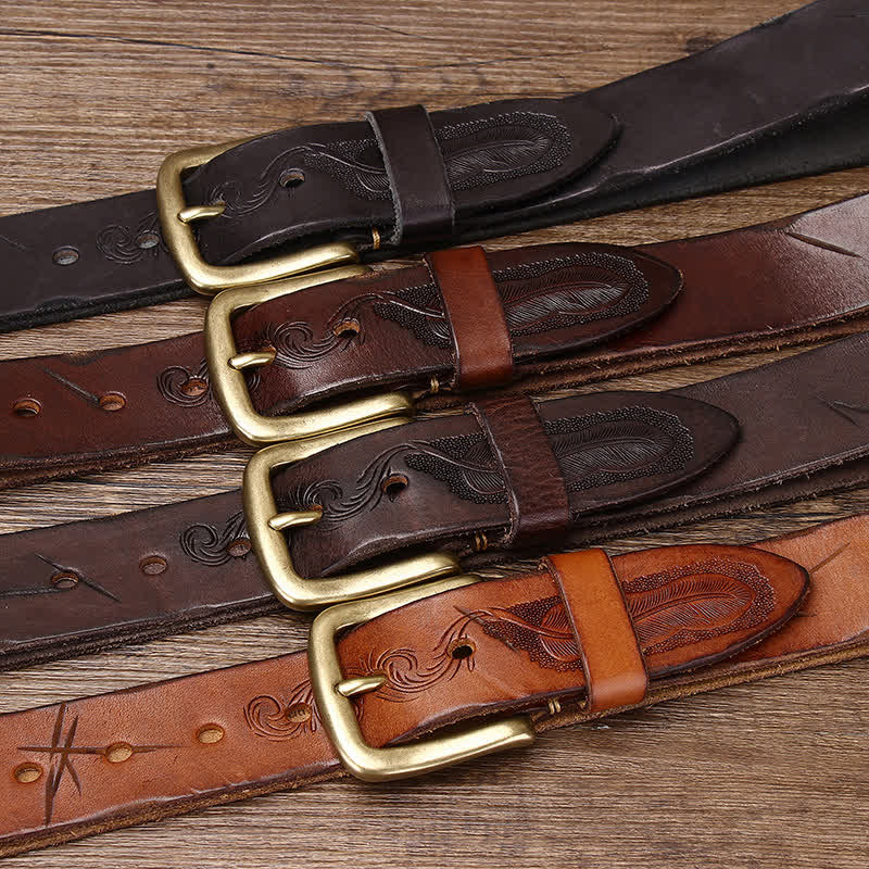 Men's Embossed Feather Pattern Pure Leather Belt - Image 2