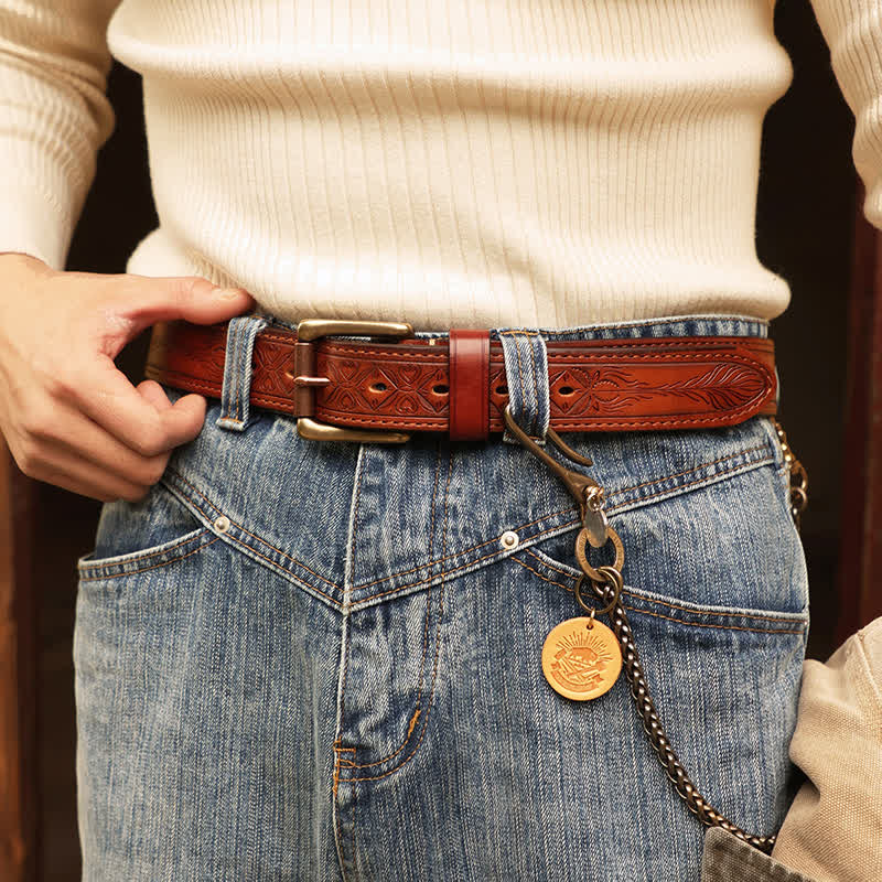 Men's Embossed Flower Leaves Engraved Leather Belt - Image 11