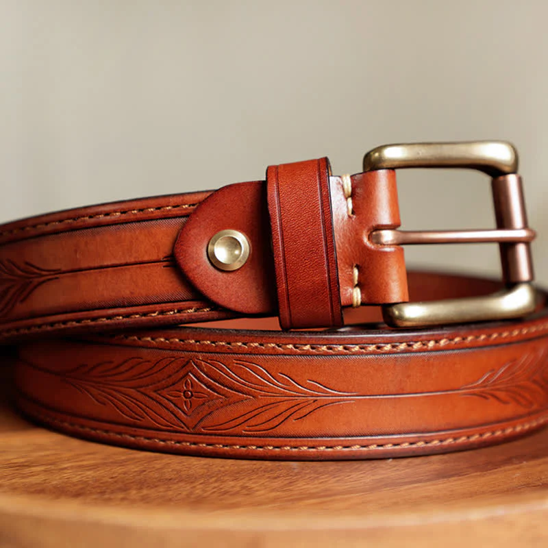 Men's Embossed Flower Leaves Engraved Leather Belt - Image 12