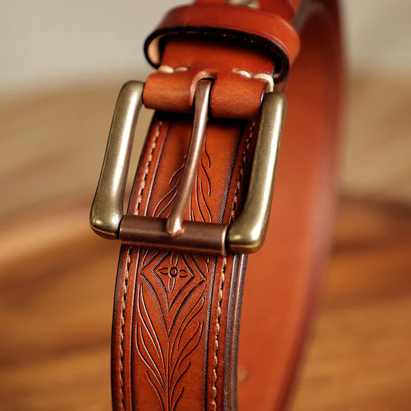 Men's Embossed Flower Leaves Engraved Leather Belt - Image 13
