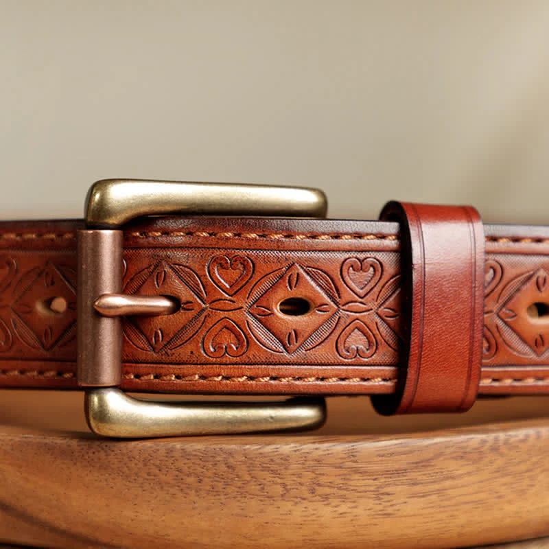Men's Embossed Flower Leaves Engraved Leather Belt - Image 14
