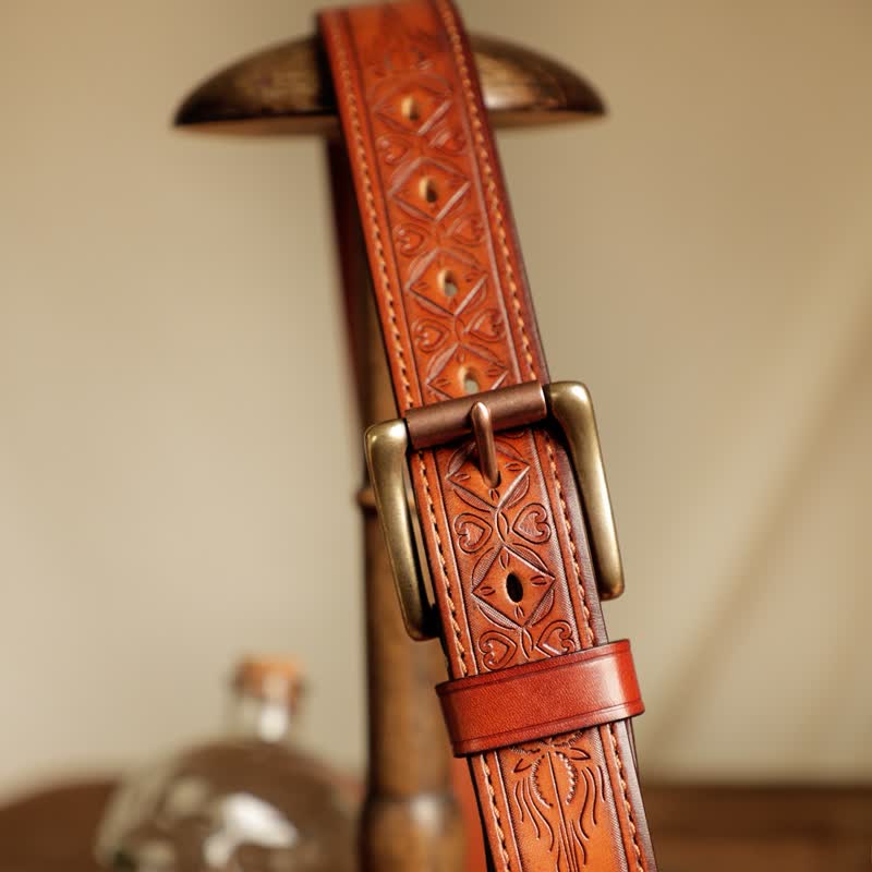 Men's Embossed Flower Leaves Engraved Leather Belt - Image 15