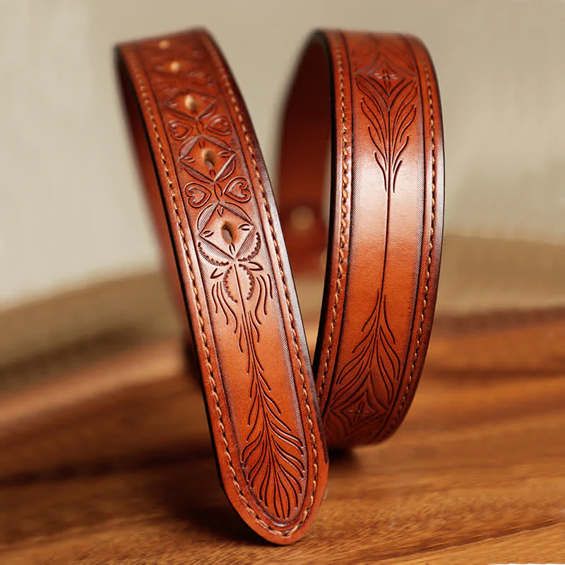 Men's Embossed Flower Leaves Engraved Leather Belt - Image 16
