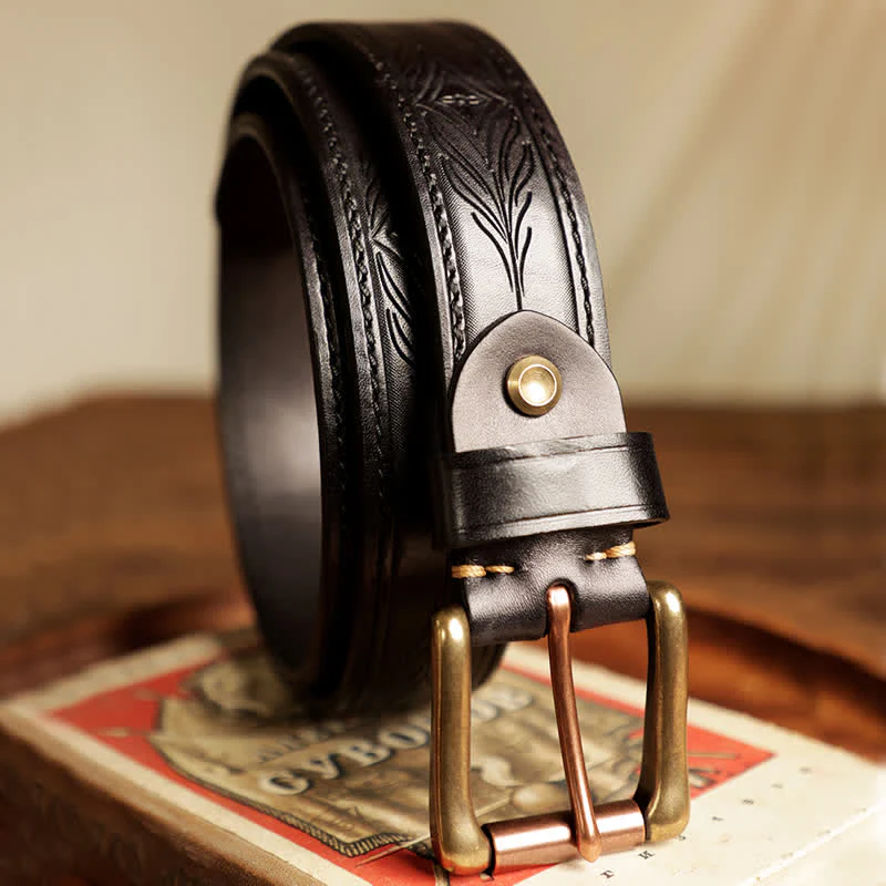 Men's Embossed Flower Leaves Engraved Leather Belt - Image 17