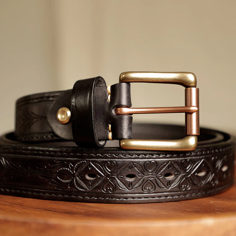 Men's Embossed Flower Leaves Engraved Leather Belt - Image 18