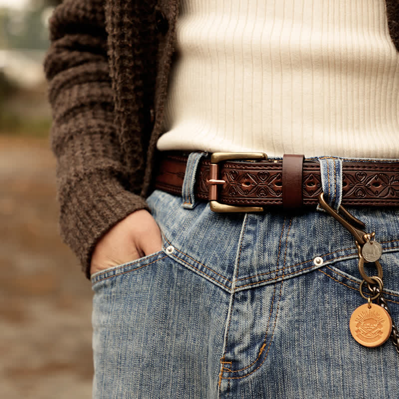 Men's Embossed Flower Leaves Engraved Leather Belt - Image 2