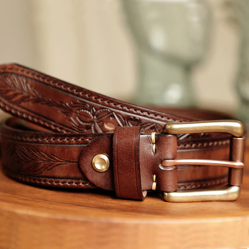 Men's Embossed Flower Leaves Engraved Leather Belt - Image 4