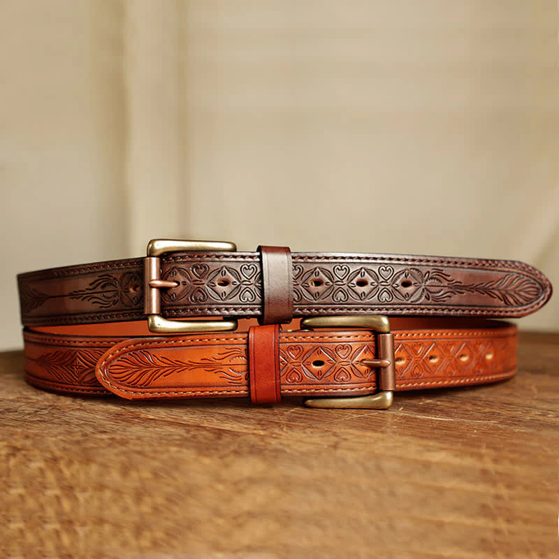Men's Embossed Flower Leaves Engraved Leather Belt - Image 5