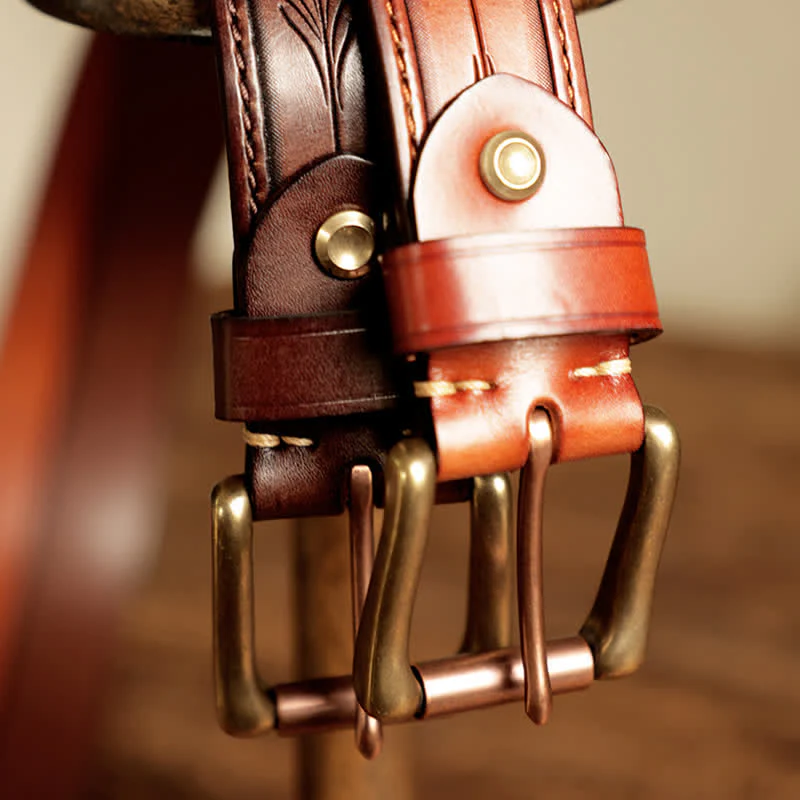 Men's Embossed Flower Leaves Engraved Leather Belt - Image 6