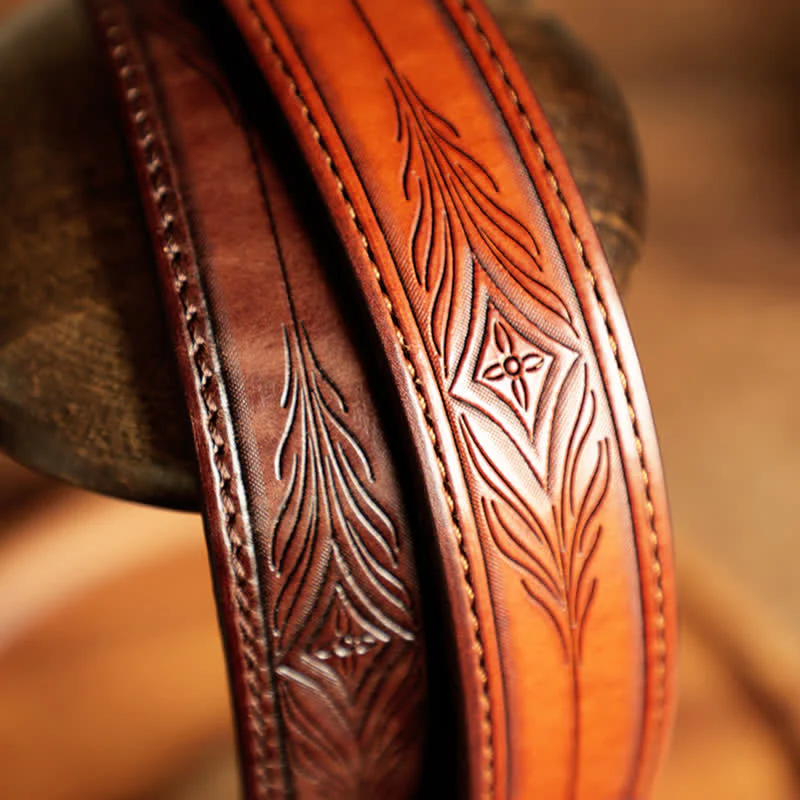 Men's Embossed Flower Leaves Engraved Leather Belt - Image 7