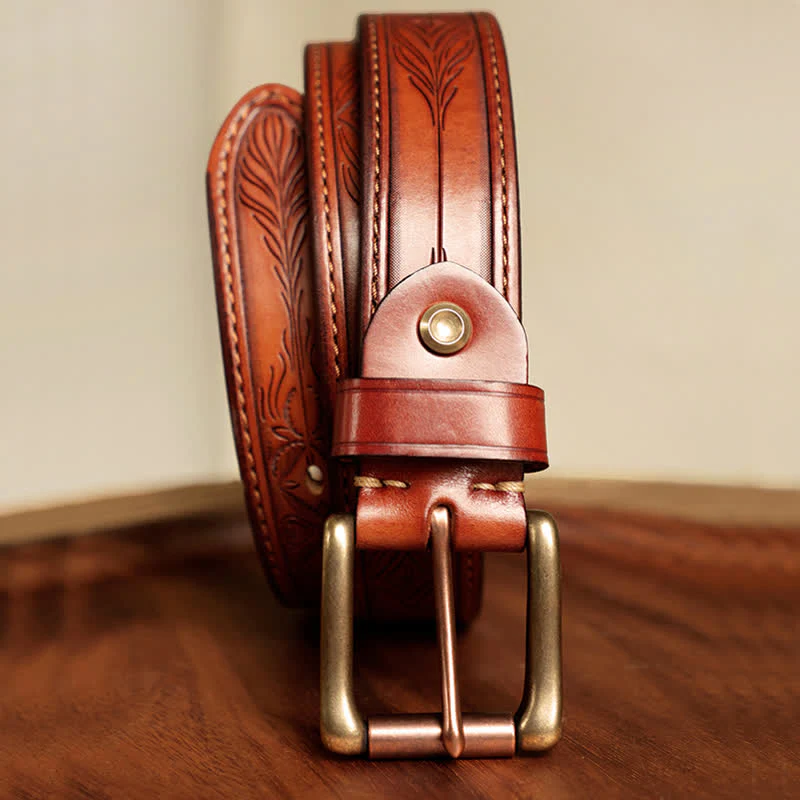 Men's Embossed Flower Leaves Engraved Leather Belt - Image 9