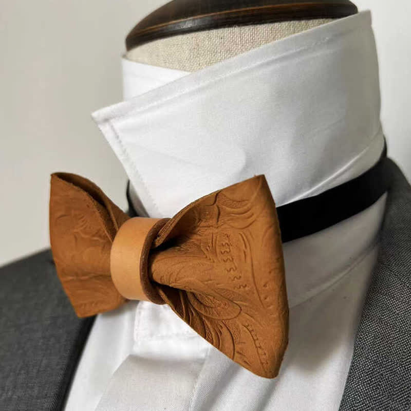 Men's Embossing Flower Plant Tanned Leather Bow Tie - Image 2