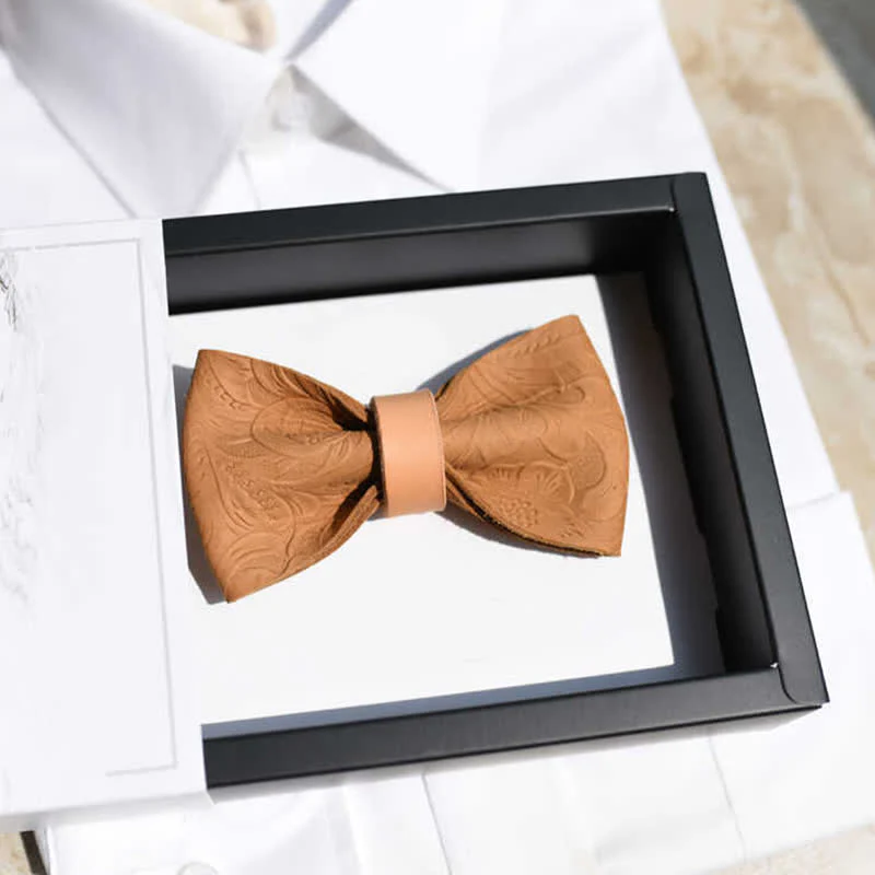 Men's Embossing Flower Plant Tanned Leather Bow Tie - Image 5