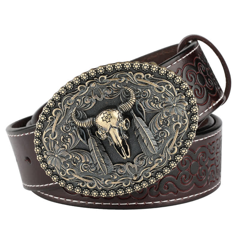 Men's Engarved Feather Bull Jeans Leather Belt - Image 10