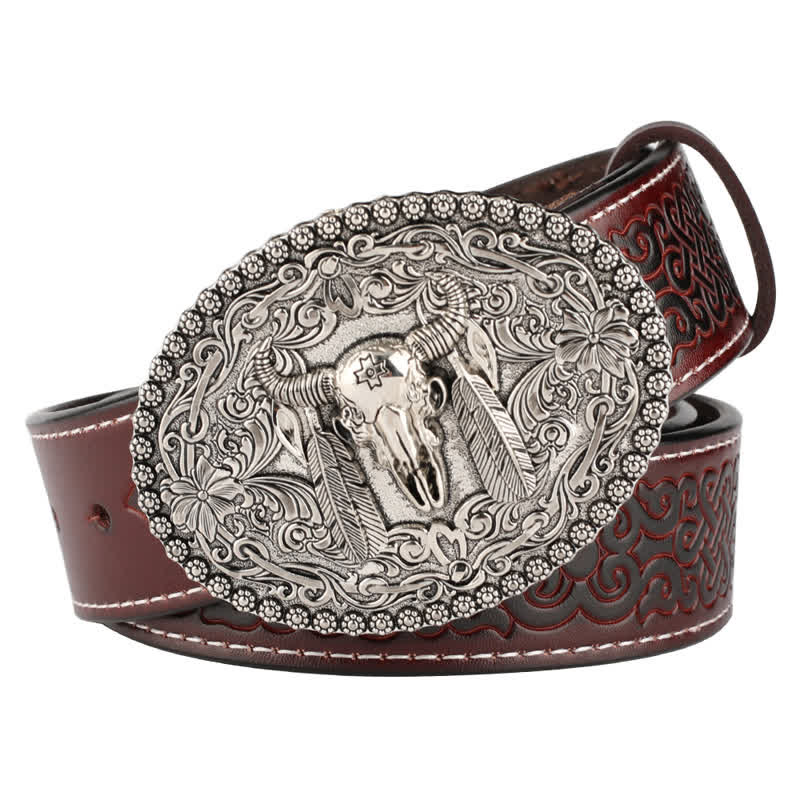 Men's Engarved Feather Bull Jeans Leather Belt - Image 14