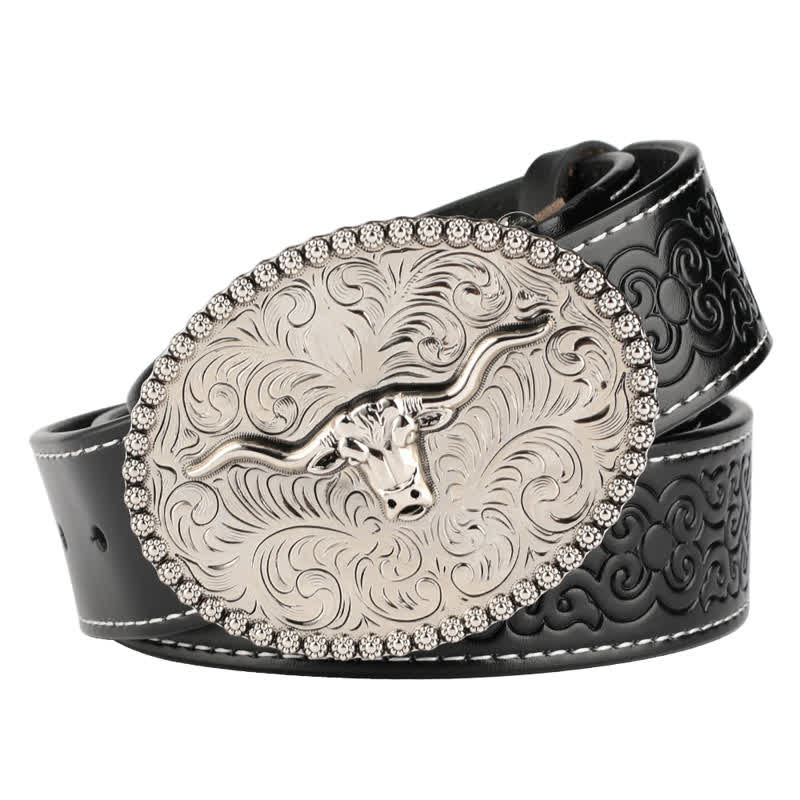 Men's Engarved Feather Bull Jeans Leather Belt - Image 19