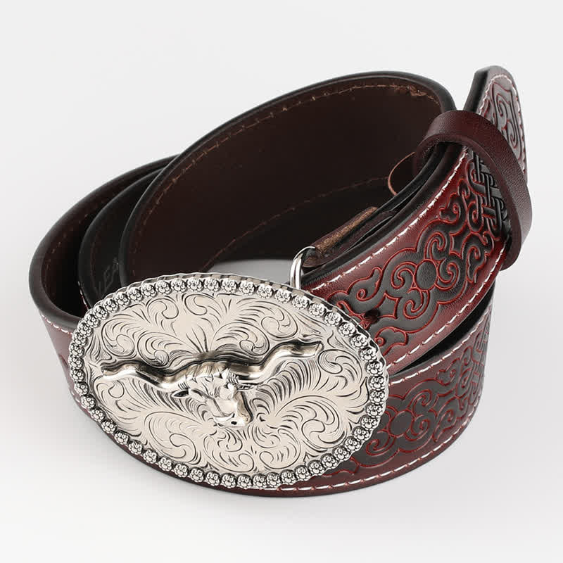 Men's Engarved Feather Bull Jeans Leather Belt - Image 22