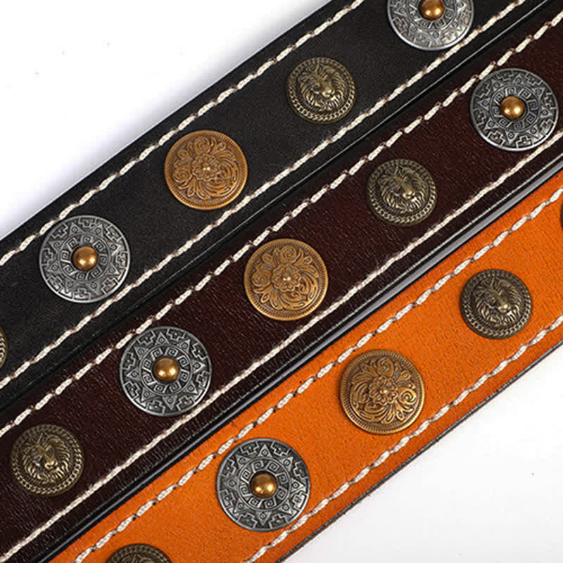 Men's Ethnic Carved Flower & Lion Head Rivet Leather Belt - Image 10