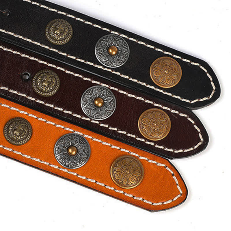 Men's Ethnic Carved Flower & Lion Head Rivet Leather Belt - Image 11