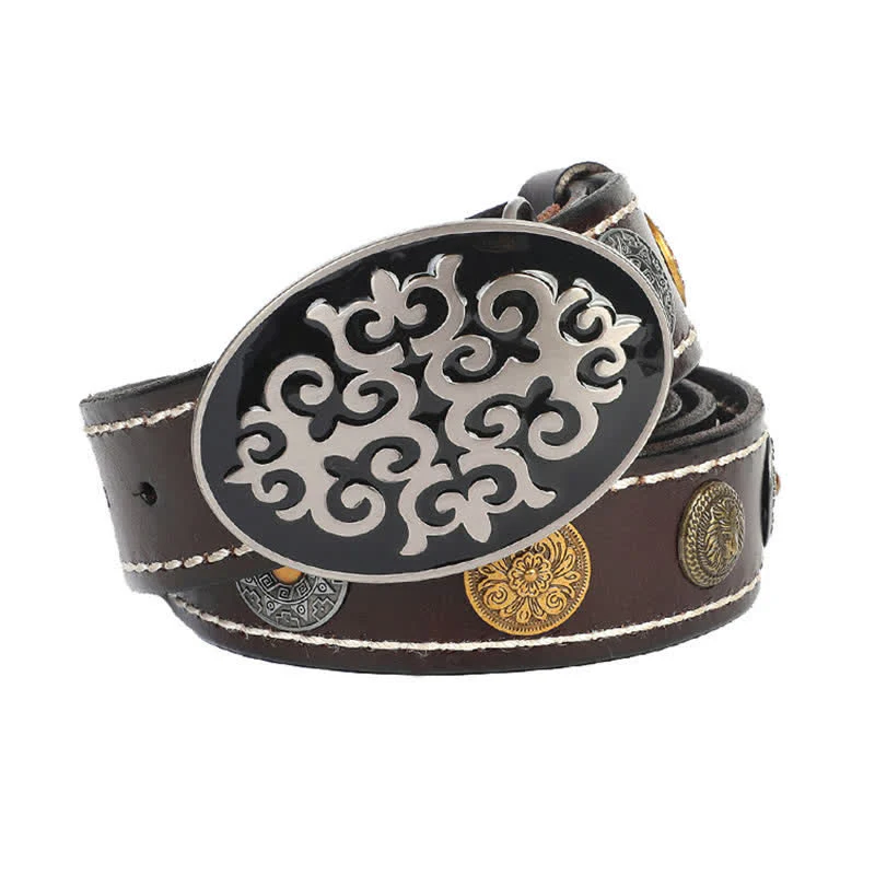 Men's Ethnic Carved Flower & Lion Head Rivet Leather Belt - Image 12
