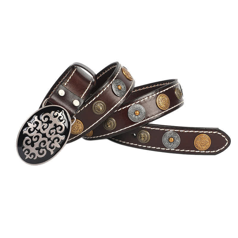Men's Ethnic Carved Flower & Lion Head Rivet Leather Belt - Image 13