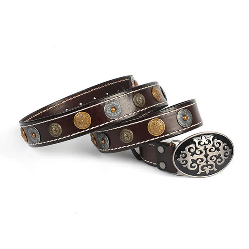 Men's Ethnic Carved Flower & Lion Head Rivet Leather Belt - Image 14