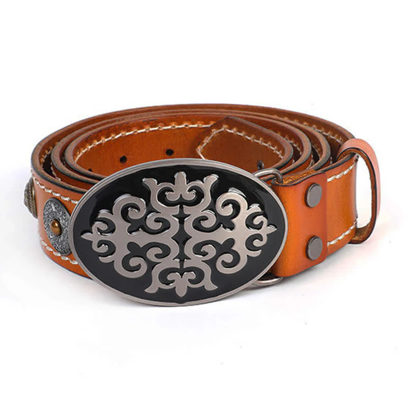 Men's Ethnic Carved Flower & Lion Head Rivet Leather Belt - Image 16