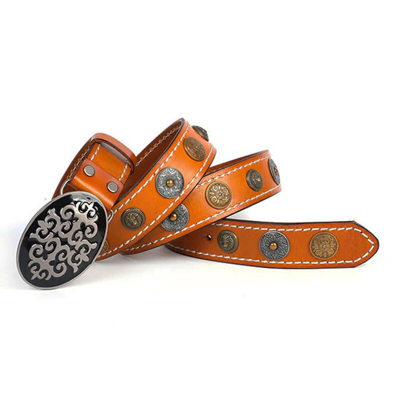 Men's Ethnic Carved Flower & Lion Head Rivet Leather Belt - Image 17