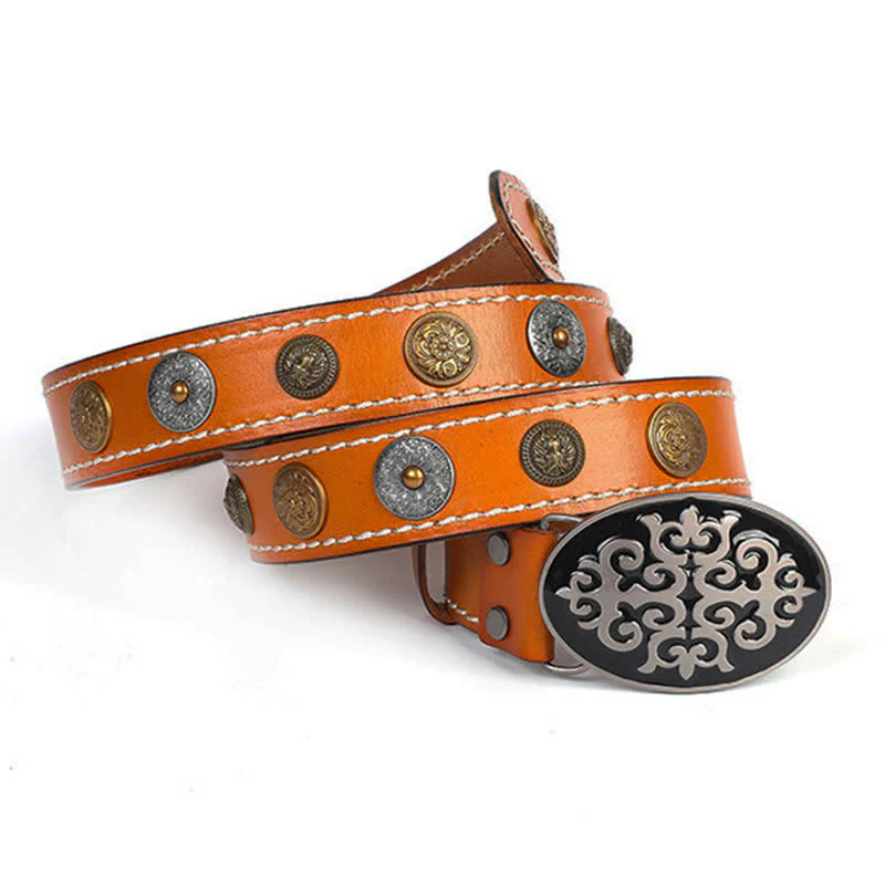 Men's Ethnic Carved Flower & Lion Head Rivet Leather Belt - Image 18