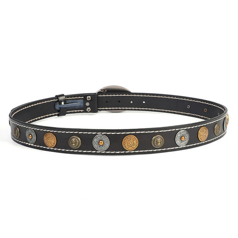 Men's Ethnic Carved Flower & Lion Head Rivet Leather Belt - Image 6