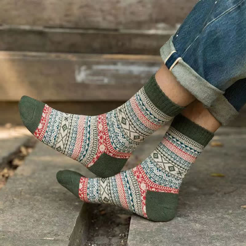 Men's Ethnic Style Small Diamond Pattern Crew Socks - Image 15