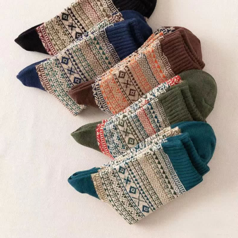 Men's Ethnic Style Small Diamond Pattern Crew Socks - Image 4