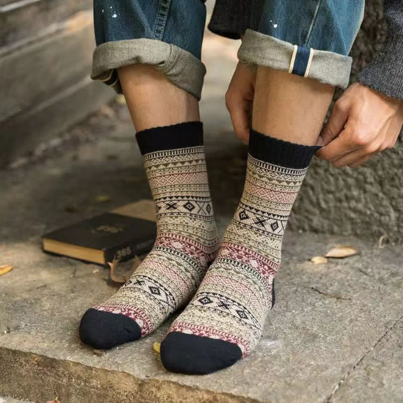 Men's Ethnic Style Small Diamond Pattern Crew Socks - Image 7