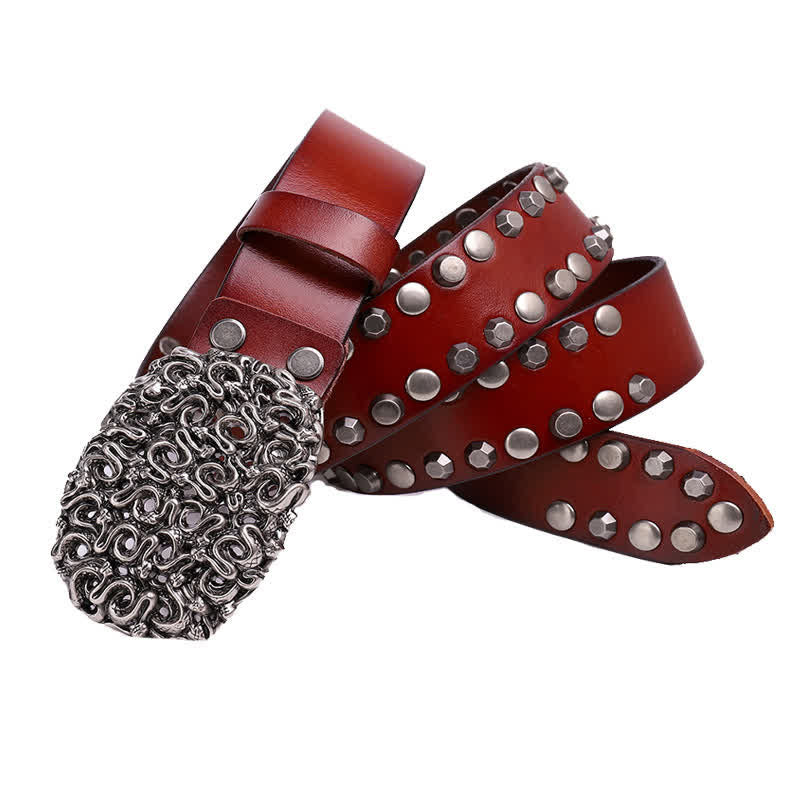 Men's Snake Smooth Buckle Rivet Leather Belt - Image 10